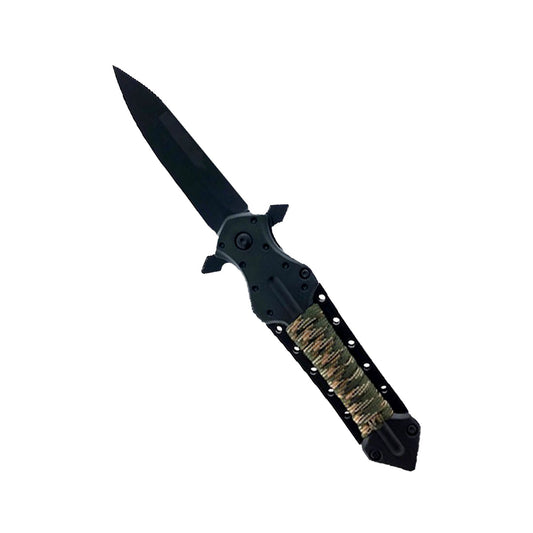 4.5″ Spring‑Assisted Folding Knife with Paracord Grip – compact tactical folding knife featuring a sharp 3.5″ stainless steel blade, assisted opening mechanism, ergonomic handle wrapped in survival paracord, liner lock, and pocket clip—great for EDC and outdoor use, in white background.