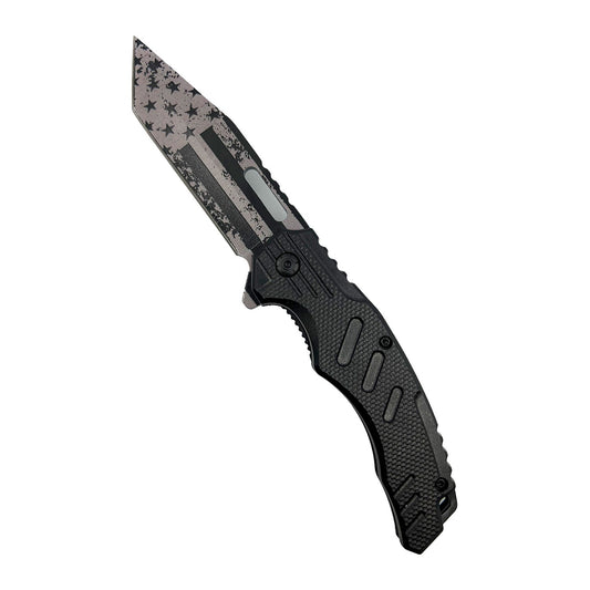 4.75‑Inch American Flag Tanto Knife with ABS Handle – spring‑assisted folding knife featuring a rugged 3.25″ stainless steel tanto blade adorned with a 3 mm 3D-printed American flag design, a textured ABS handle, liner lock, and pocket clip for everyday tactical carry, in white background.