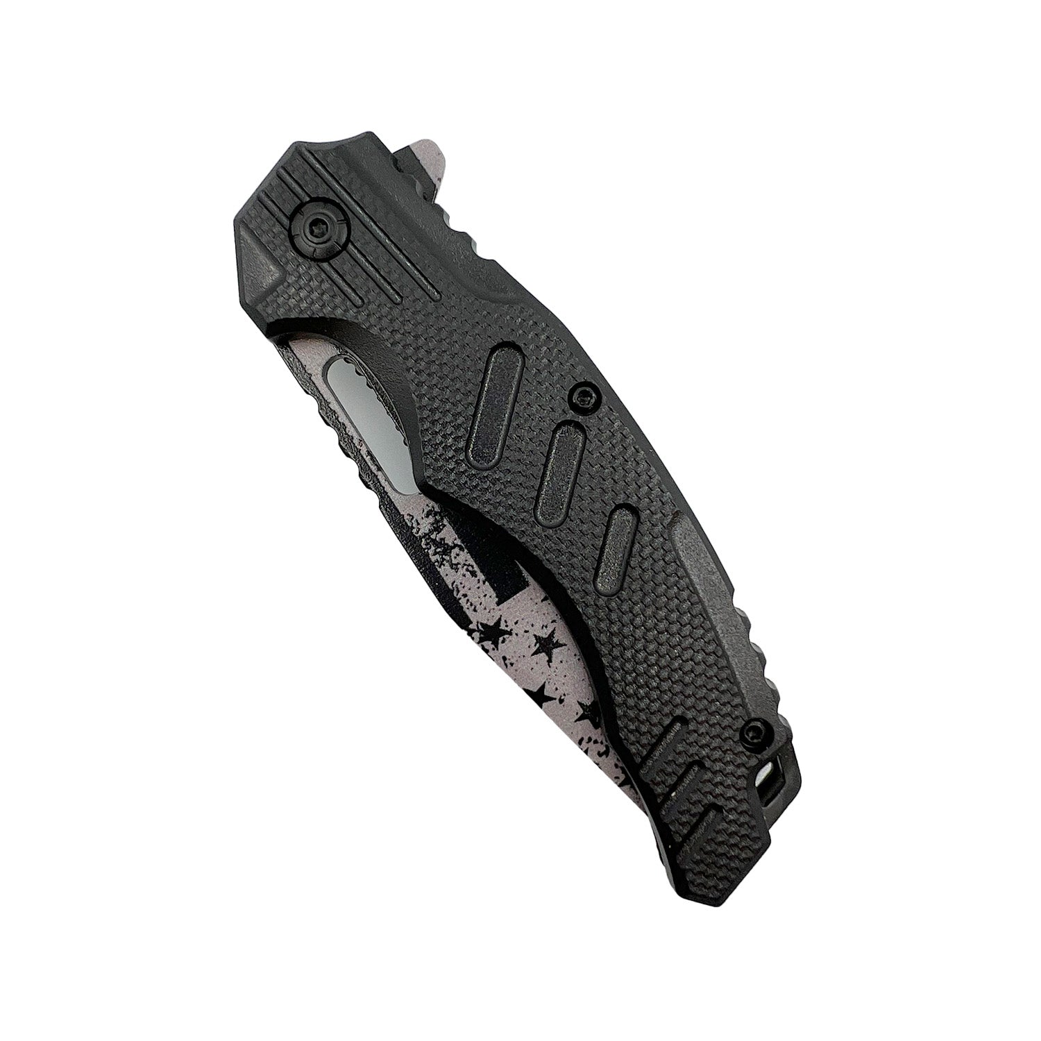 4.75‑Inch American Flag Tanto Knife with ABS Handle – spring‑assisted folding knife featuring a rugged 3.25″ stainless steel tanto blade adorned with a 3 mm 3D-printed American flag design, a textured ABS handle, liner lock, and pocket clip for everyday tactical carry, in white background.