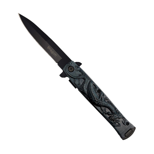 4‑Inch Black Dragon Knife with ABS Handle – spring‑assisted folding knife featuring a sharp 440 stainless steel blade and a stylish dragon‑patterned ABS handle, designed for reliable everyday carry and outdoor use, in white background.
