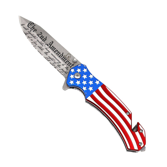 5″ Spring Assisted 2nd Amendment Knife – spring-assisted folding knife featuring a 3″ drop-point blade and a 5″ aluminum handle with a U.S. flag design on both sides, spring-assisted mechanism, liner lock, seatbelt cutter, window breaker, and belt clip for everyday carry and patriot-ready appeal, in white background.