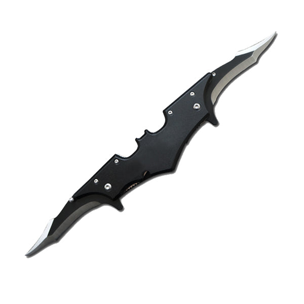 5.75" Spring Assisted Dual-Blade Bat-Style Folding Knife – features twin 4.5" 440 stainless steel razor blades, spring-assisted opening, bat-themed ABS handle, and a belt clip for convenient carry., in white background.