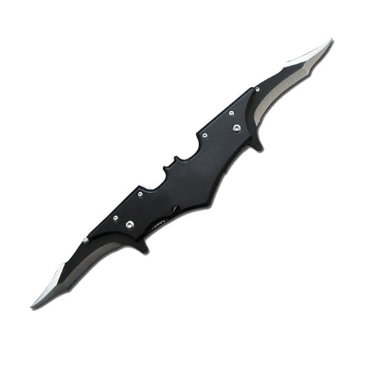 5.75" Spring Assisted Dual-Blade Bat-Style Folding Knife – features twin 4.5" 440 stainless steel razor blades, spring-assisted opening, bat-themed ABS handle, and a belt clip for convenient carry., in white background.