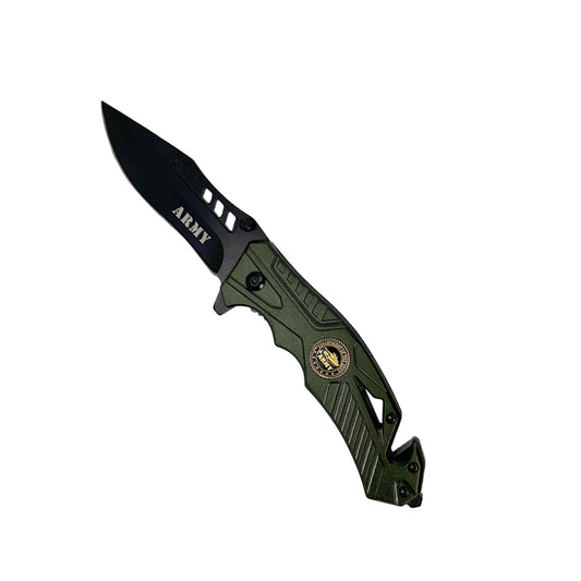 5‑Inch Spring‑Assisted Folding Knife – compact rescue-style folding knife featuring a 3.75″ black stainless steel blade, spring-assisted one-hand opening, ABS handle with seatbelt cutter and glass breaker, and a pocket clip for secure everyday carry, in white background.