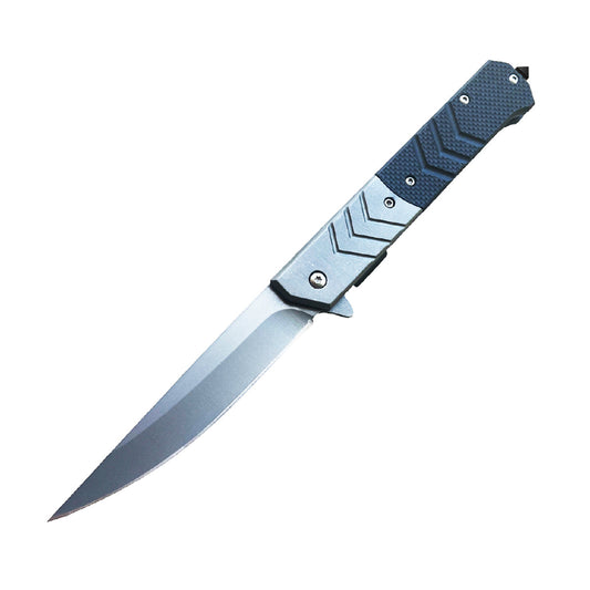 5″ Spring-Assisted Folding Knife with Straight-Back Blade – reliable one-handed opening knife featuring a 4″ straight-back stainless steel blade, spring-assisted mechanism, liner lock, stainless steel handle with black G10 overlays, and a pocket clip—ideal for everyday carry and tactical use, in white background.