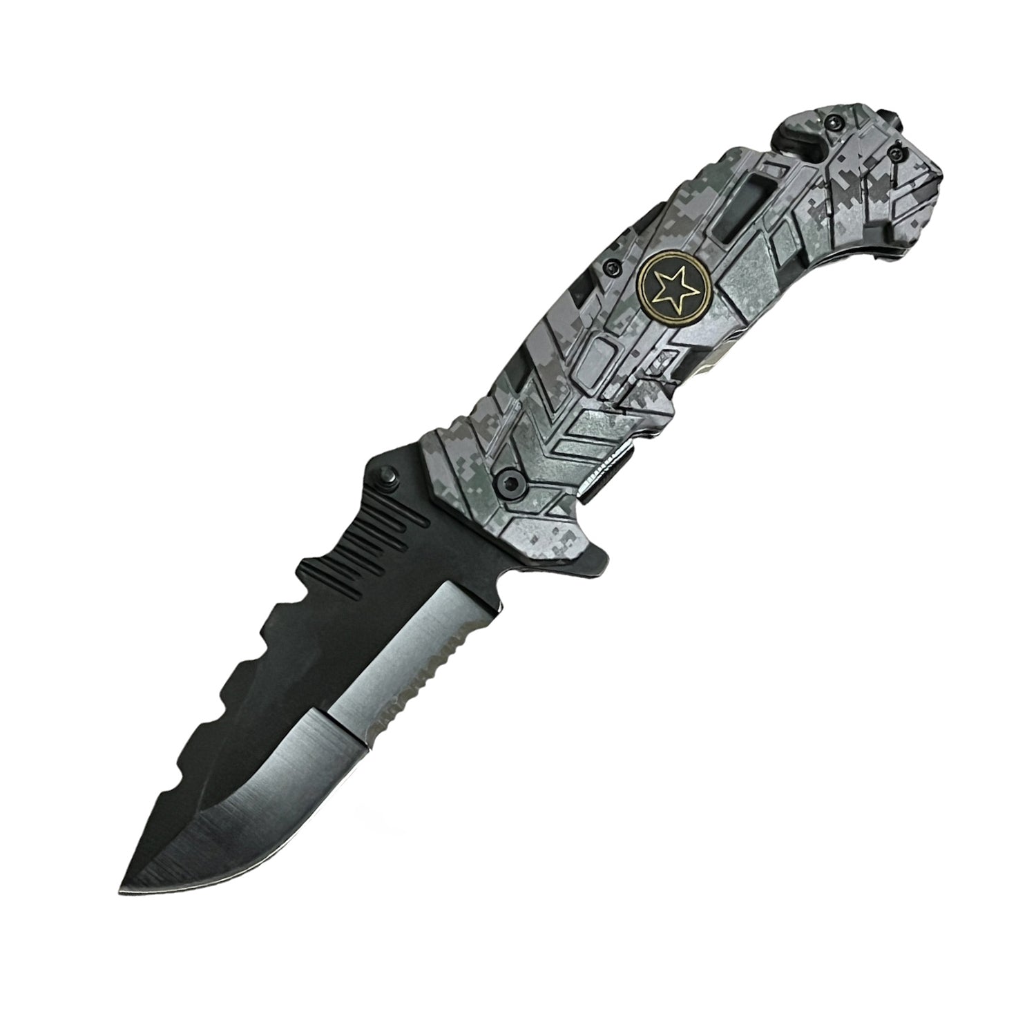 5″ Spring Assisted Folding Knife with Camo Nylon Fiber Handle – durable tactical knife featuring a sharp stainless steel blade, spring-assisted opening mechanism, and a rugged camo-patterned nylon fiber handle, equipped with a belt clip for secure everyday carry, in white background.