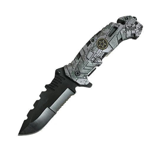 5″ Spring Assisted Folding Knife with Camo Nylon Fiber Handle – durable tactical knife featuring a sharp stainless steel blade, spring-assisted opening mechanism, and a rugged camo-patterned nylon fiber handle, equipped with a belt clip for secure everyday carry, in white background.
