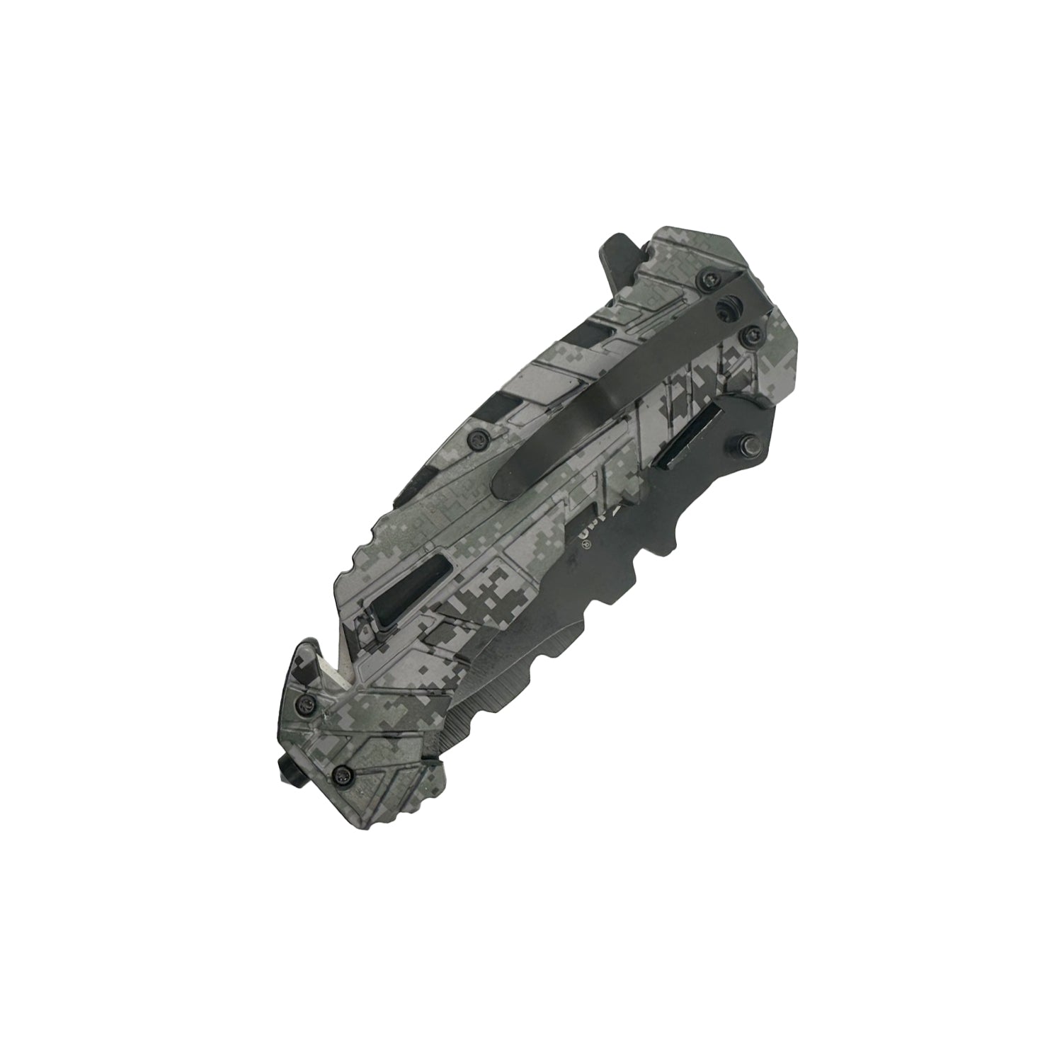 5″ Spring Assisted Folding Knife with Camo Nylon Fiber Handle – durable tactical knife featuring a sharp stainless steel blade, spring-assisted opening mechanism, and a rugged camo-patterned nylon fiber handle, equipped with a belt clip for secure everyday carry, in white background.