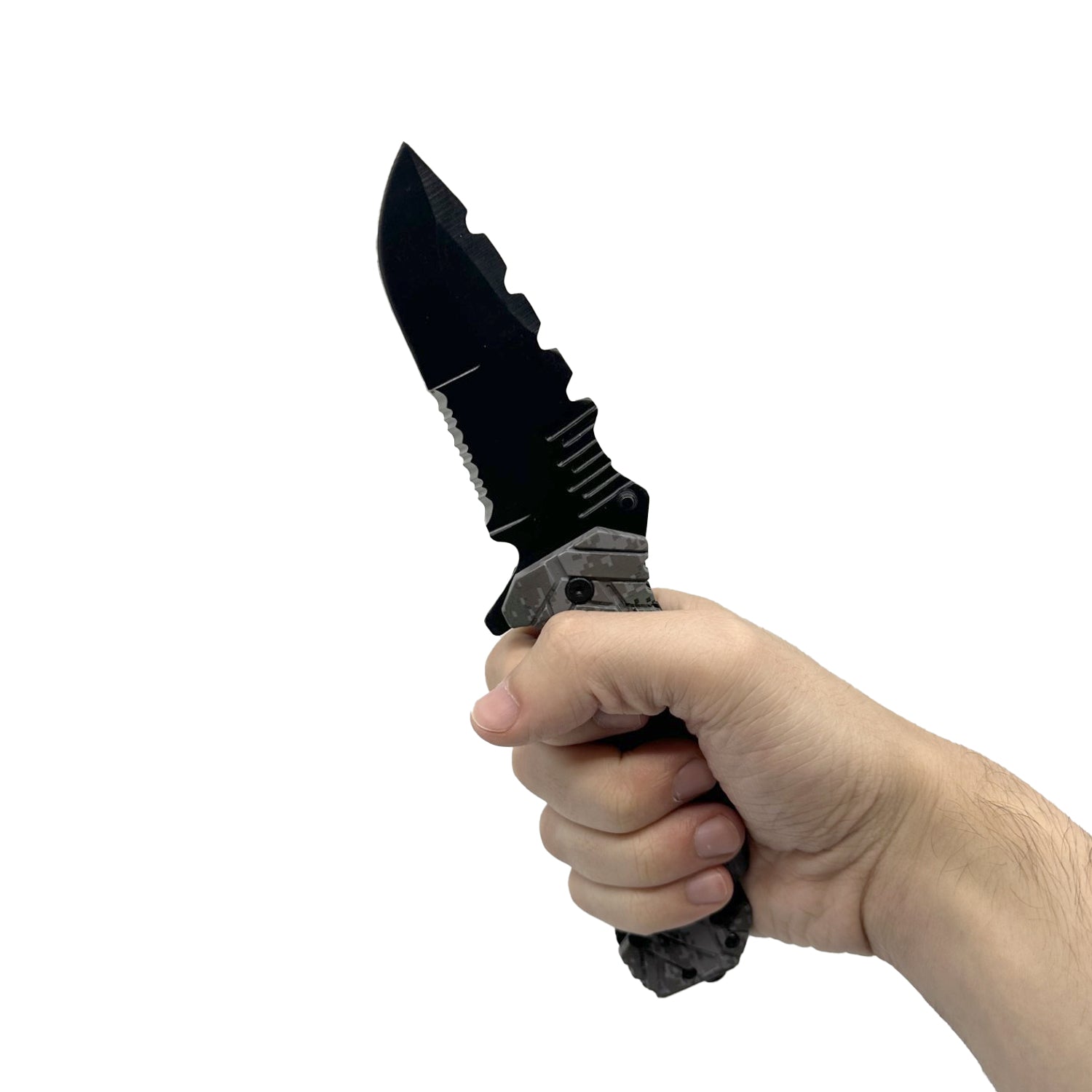 Someone holding 5″ Spring Assisted Folding Knife with Camo Nylon Fiber Handle – durable tactical knife featuring a sharp stainless steel blade, spring-assisted opening mechanism, and a rugged camo-patterned nylon fiber handle, equipped with a belt clip for secure everyday carry, in white background.