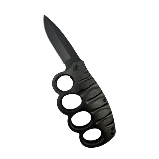 5″ Spring Assisted Knuckle Knife – folding knife with a 3.5″ 420C stainless steel blade, spring-assisted opening, black aluminum knuckle-guard handle, and pocket clip; measures 5″ closed and 8.5″ overall, in white background.