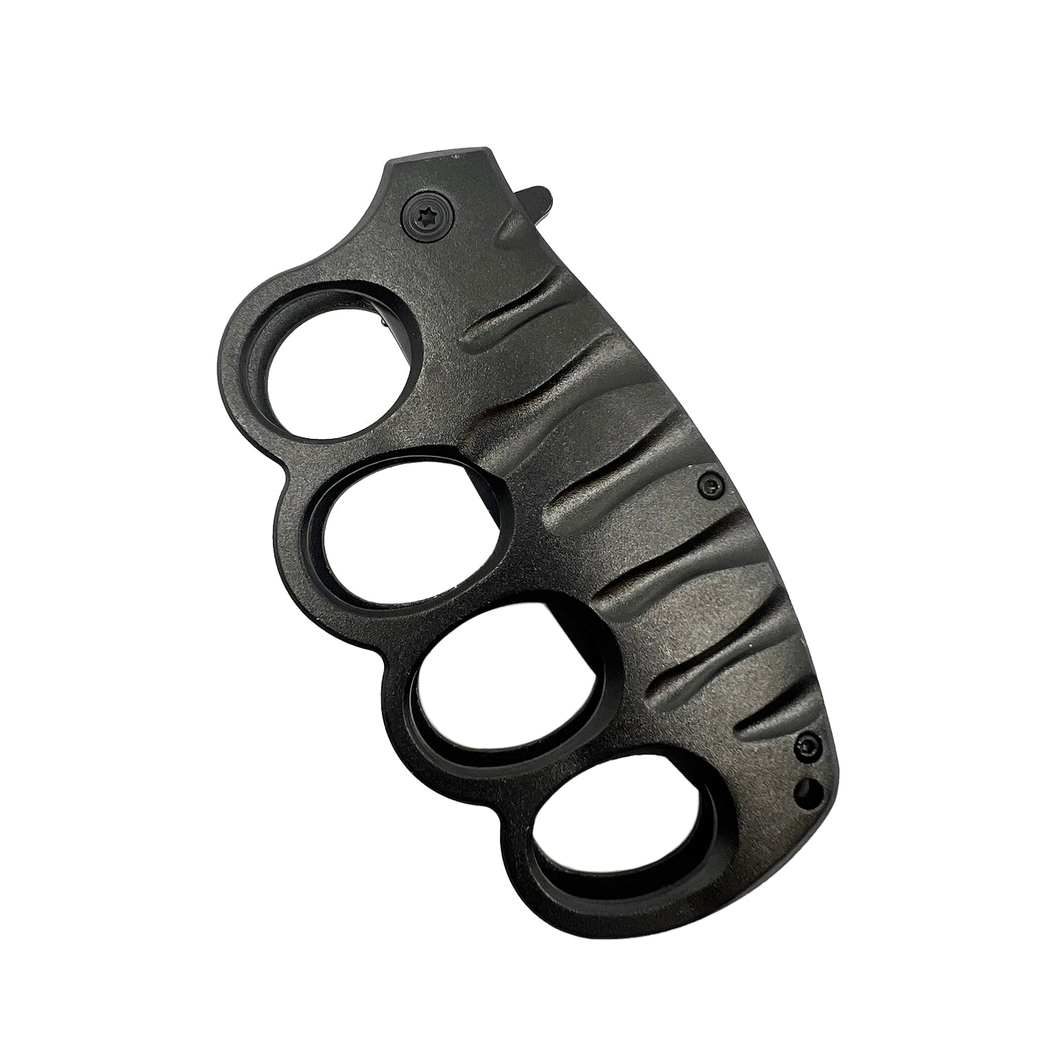 5″ Spring Assisted Knuckle Knife – folding knife with a 3.5″ 420C stainless steel blade, spring-assisted opening, black aluminum knuckle-guard handle, and pocket clip; measures 5″ closed and 8.5″ overall, in white background.