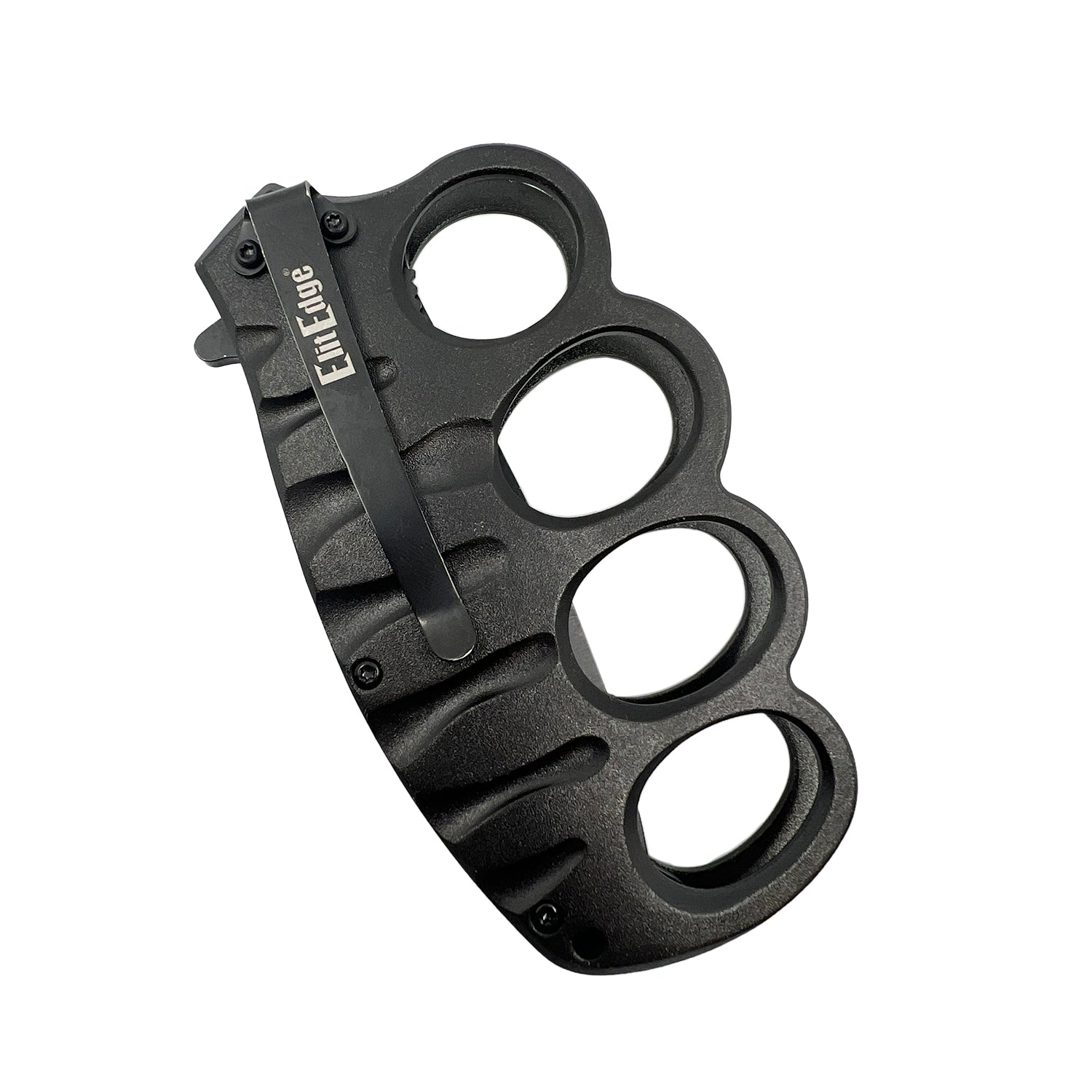 5″ Spring Assisted Knuckle Knife – folding knife with a 3.5″ 420C stainless steel blade, spring-assisted opening, black aluminum knuckle-guard handle, and pocket clip; measures 5″ closed and 8.5″ overall, in white background.