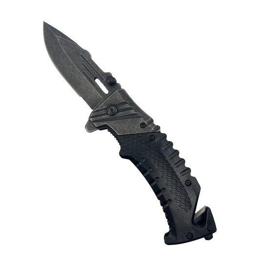 7.10‑Inch Stonewashed Spring‑Assisted Knife – robust spring‑assist folding knife featuring a 3.5” 1065 German surgical steel drop‑point blade, ergonomic ABS handle with stonewashed finish, plus belt clip, window breaker, and seat belt cutter, in white background.