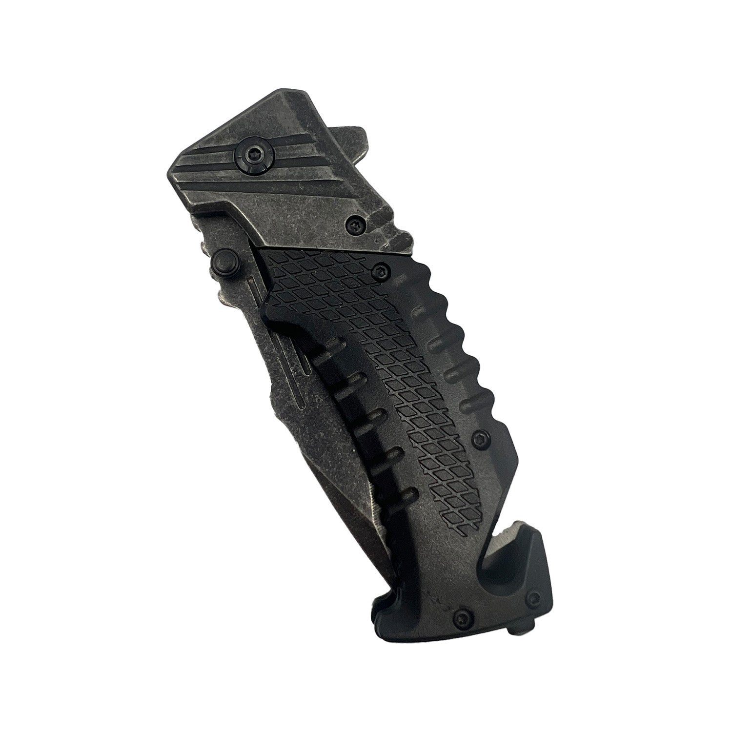 7.10‑Inch Stonewashed Spring‑Assisted Knife – robust spring‑assist folding knife featuring a 3.5” 1065 German surgical steel drop‑point blade, ergonomic ABS handle with stonewashed finish, plus belt clip, window breaker, and seat belt cutter, in white background.