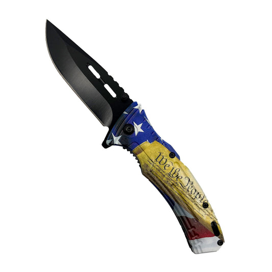 7.75″ Spring Assisted Folding Knife – durable folding knife with a spring‑assisted blade and liner lock, featuring aluminum handle construction and pocket clip for everyday tactical use, in white background.