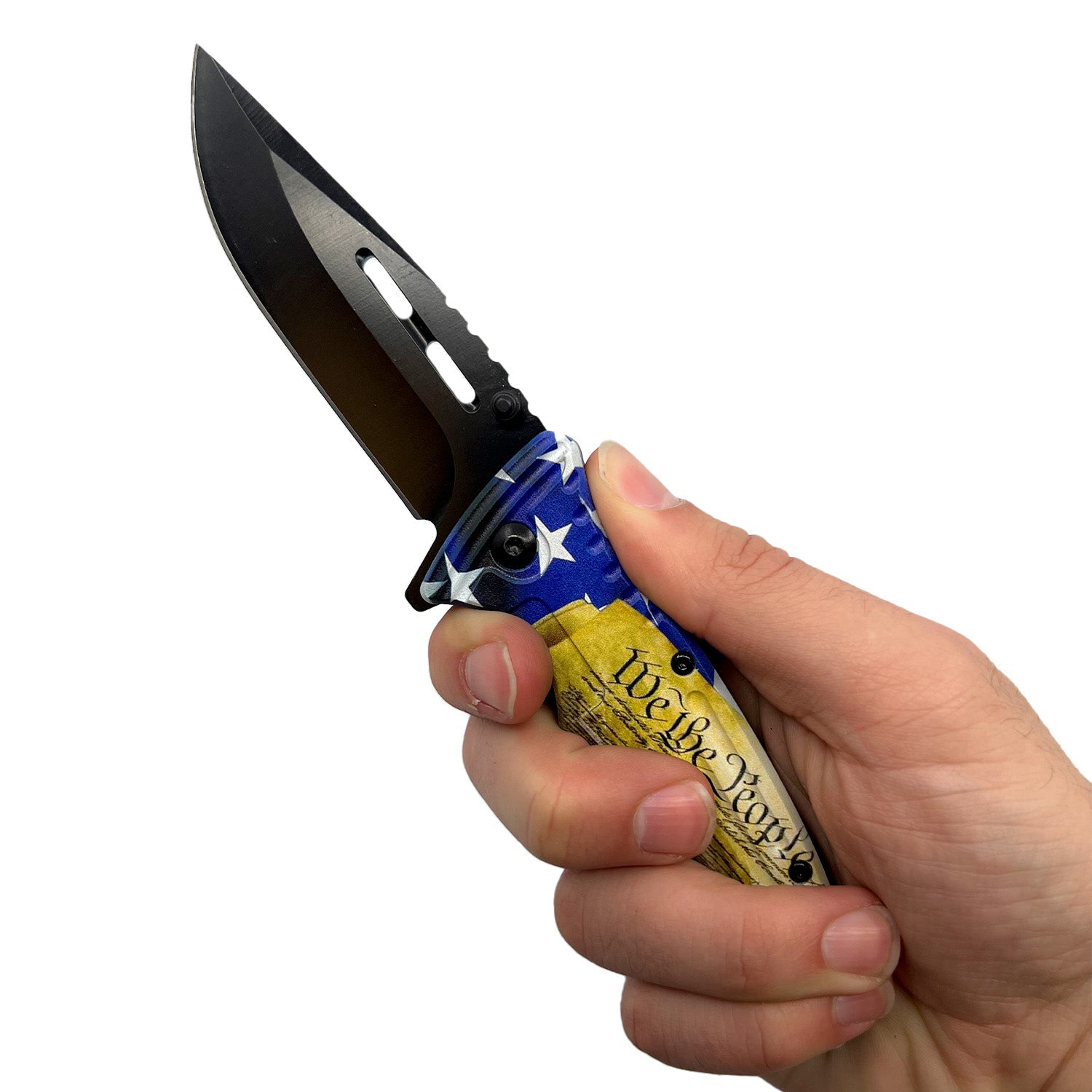 Someone holding 7.75″ Spring Assisted Folding Knife – durable folding knife with a spring‑assisted blade and liner lock, featuring aluminum handle construction and pocket clip for everyday tactical use, in white background.
