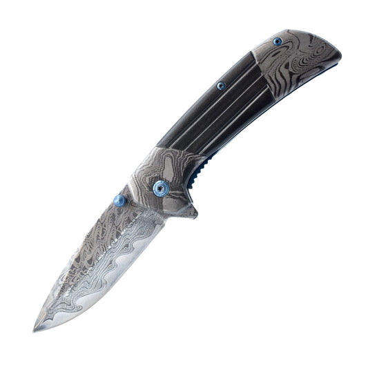 7.75-Inch Titanium & Damascus Folding Knife – classic-style folding knife featuring a 3.5" 420C stainless steel blade, spring-assisted one-hand opening, liner lock, and handy belt clip for everyday carry, in white background.
