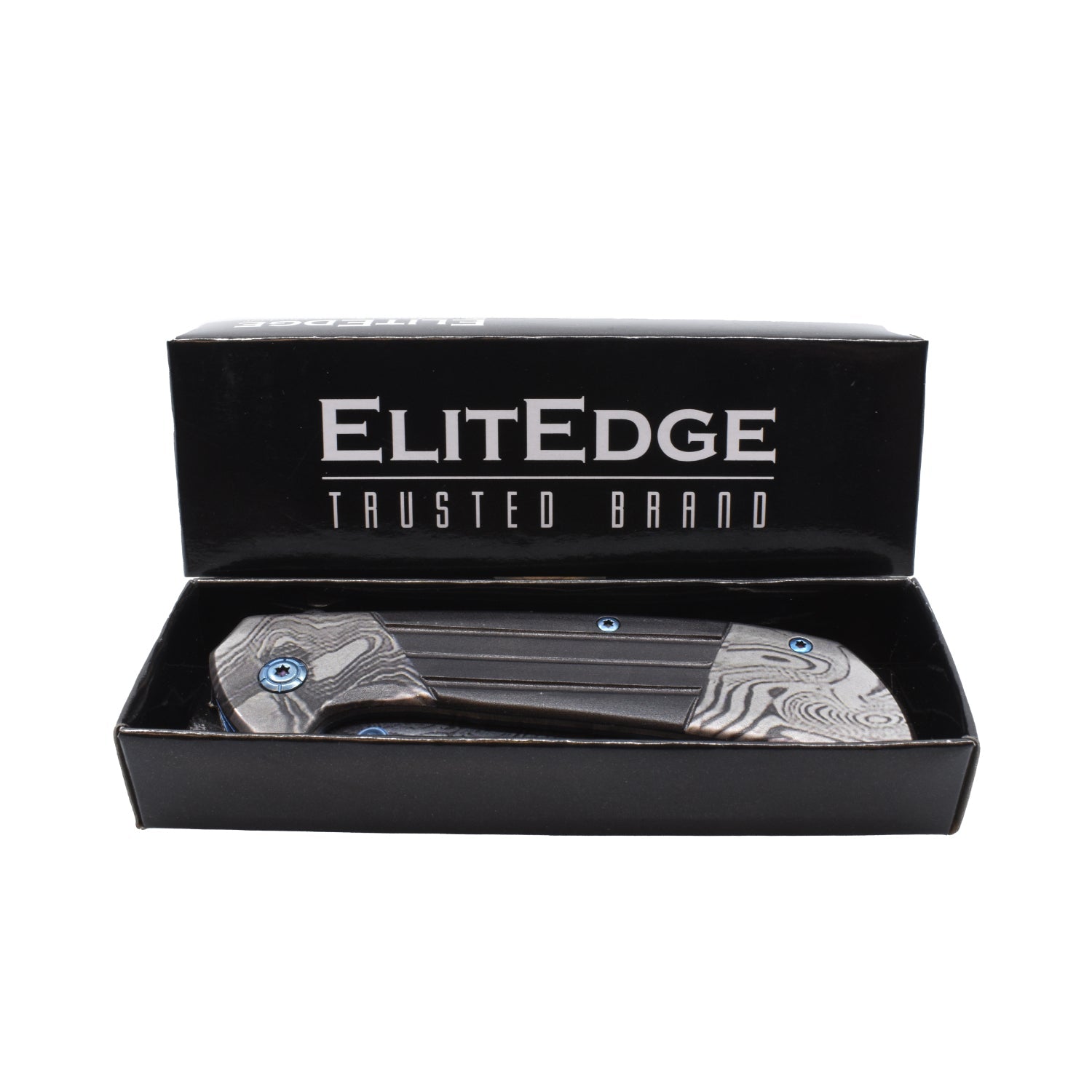 7.75-Inch Titanium & Damascus Folding Knife – classic-style folding knife featuring a 3.5" 420C stainless steel blade, spring-assisted one-hand opening, liner lock, and handy belt clip for everyday carry, inside product box, in white background.