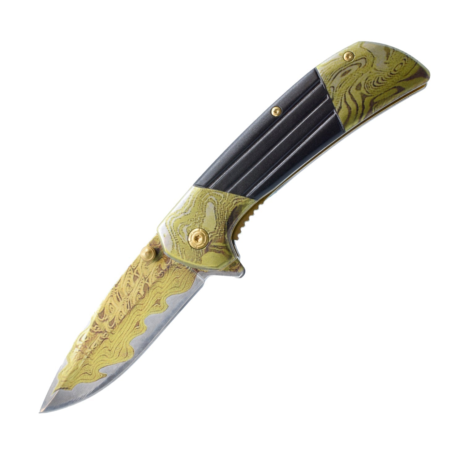 7.75-Inch Titanium & Damascus Folding Knife – classic-style folding knife featuring a 3.5" 420C stainless steel blade, spring-assisted one-hand opening, liner lock, and handy belt clip for everyday carry, in white background.