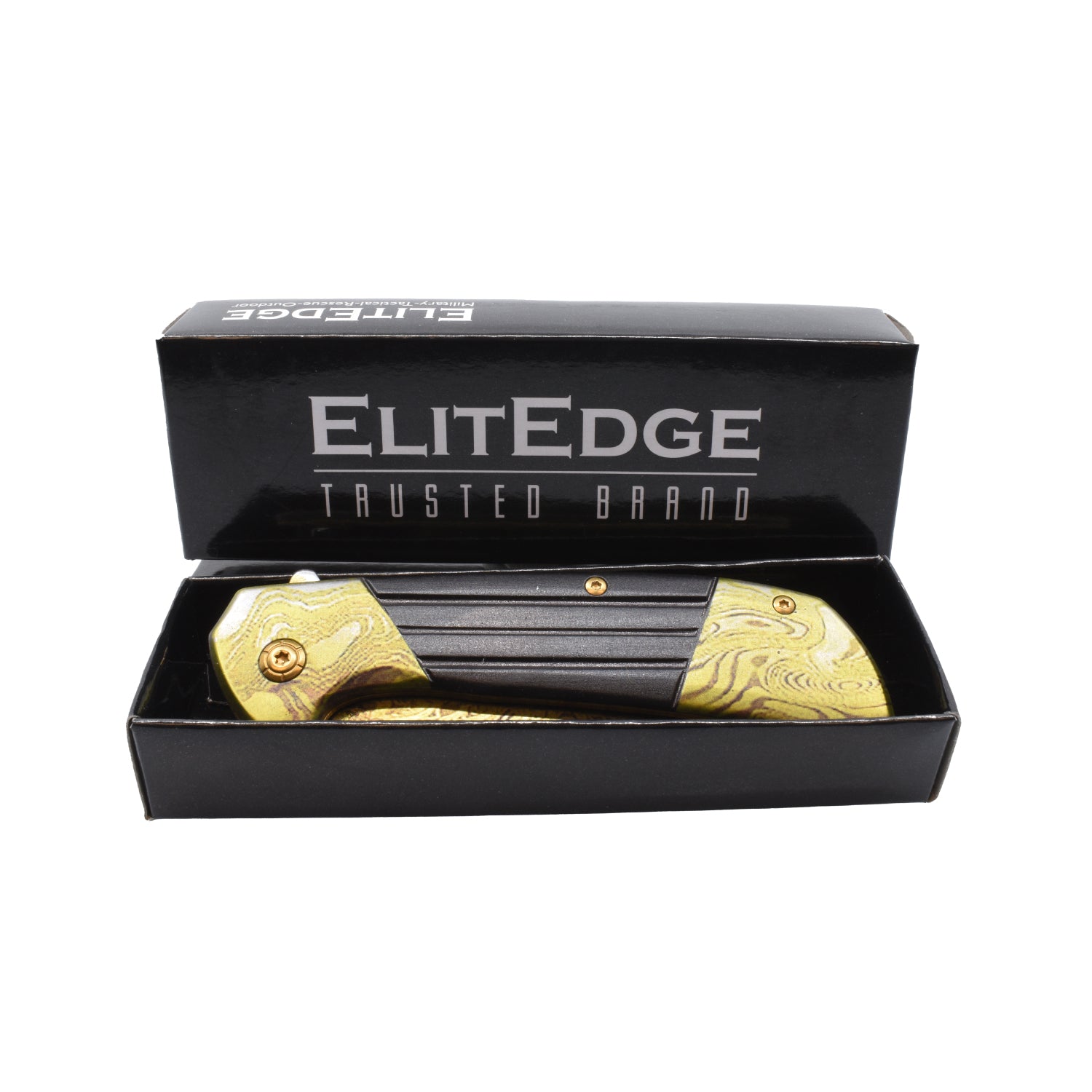7.75-Inch Titanium & Damascus Folding Knife – classic-style folding knife featuring a 3.5" 420C stainless steel blade, spring-assisted one-hand opening, liner lock, and handy belt clip for everyday carry, inside product box, in white background.