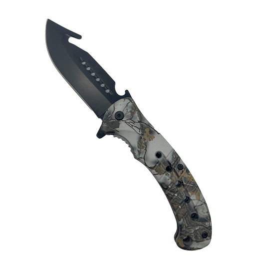 8.75″ Camo Spring-Assisted Folding Knife – durable spring-assisted pocket knife featuring a 3.75″ stainless steel blade, injection-molded ABS handle with camo finish, liner lock, finger flipper, glass breaker/bottle opener, and belt clip, in white background.