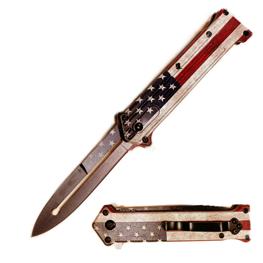 8-Inch US Flag Joker Folding Knife – eye-catching folding knife featuring a US flag and Joker design, combining bold style with everyday functionality, in white background.