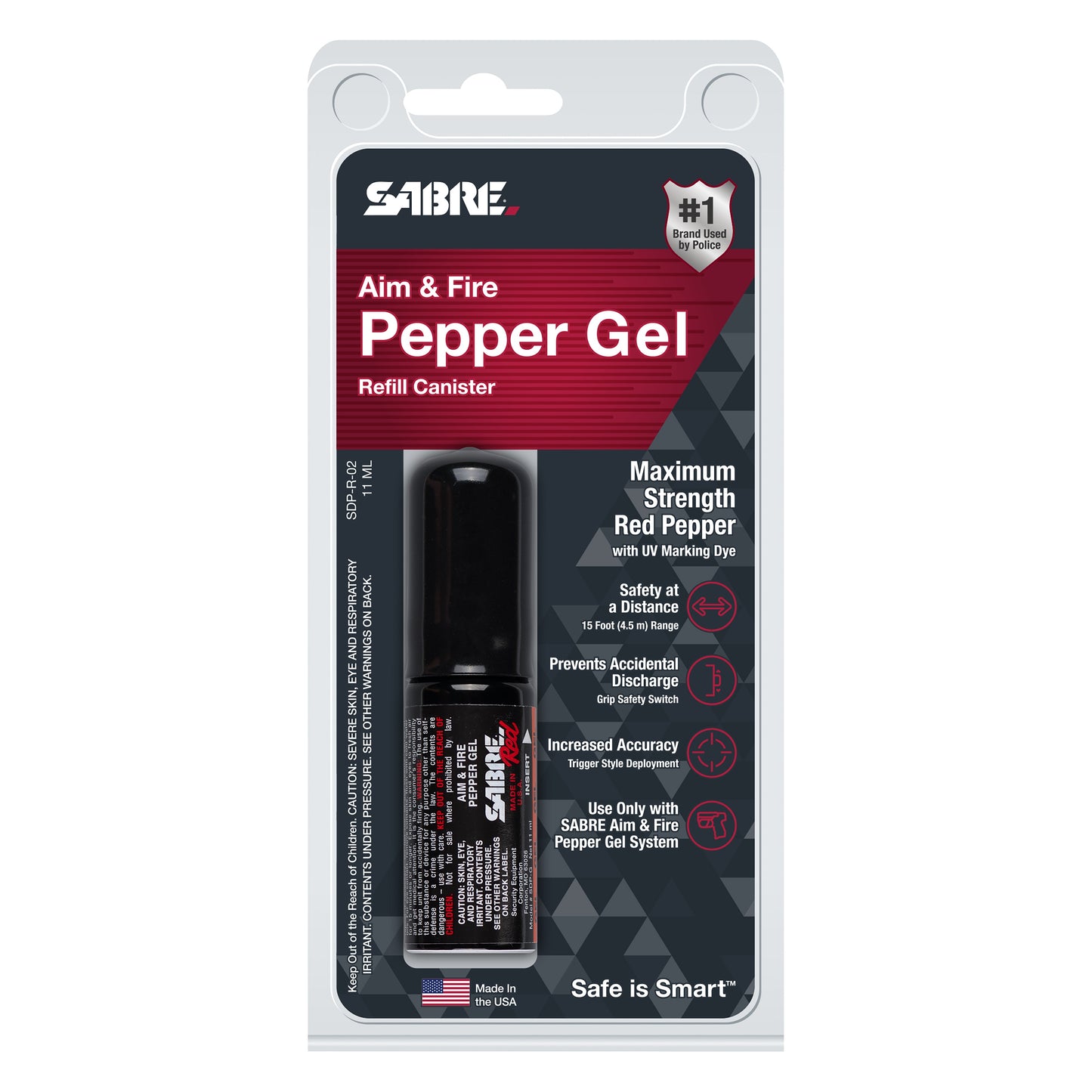 Package for Aim and Fire Pepper Gel Refill – replacement canister designed for the SABRE Aim and Fire Pepper Gel Gun, delivering 13 bursts of maximum-strength pepper gel up to 15 feet, featuring UV marking dye and a 4-year shelf life, in white background.