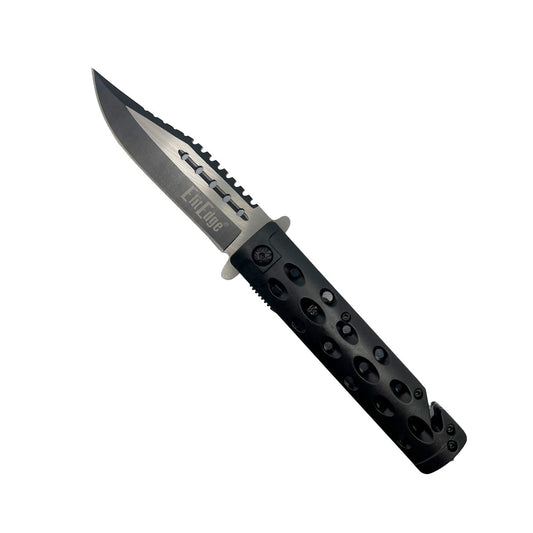 ABS Spring Assisted Rescue Knife – compact folding knife featuring a 3.5" stainless steel blade, spring-assisted opening, durable ABS handle with built-in seatbelt cutter and glass breaker, and a pocket clip for secure carry, in white background.