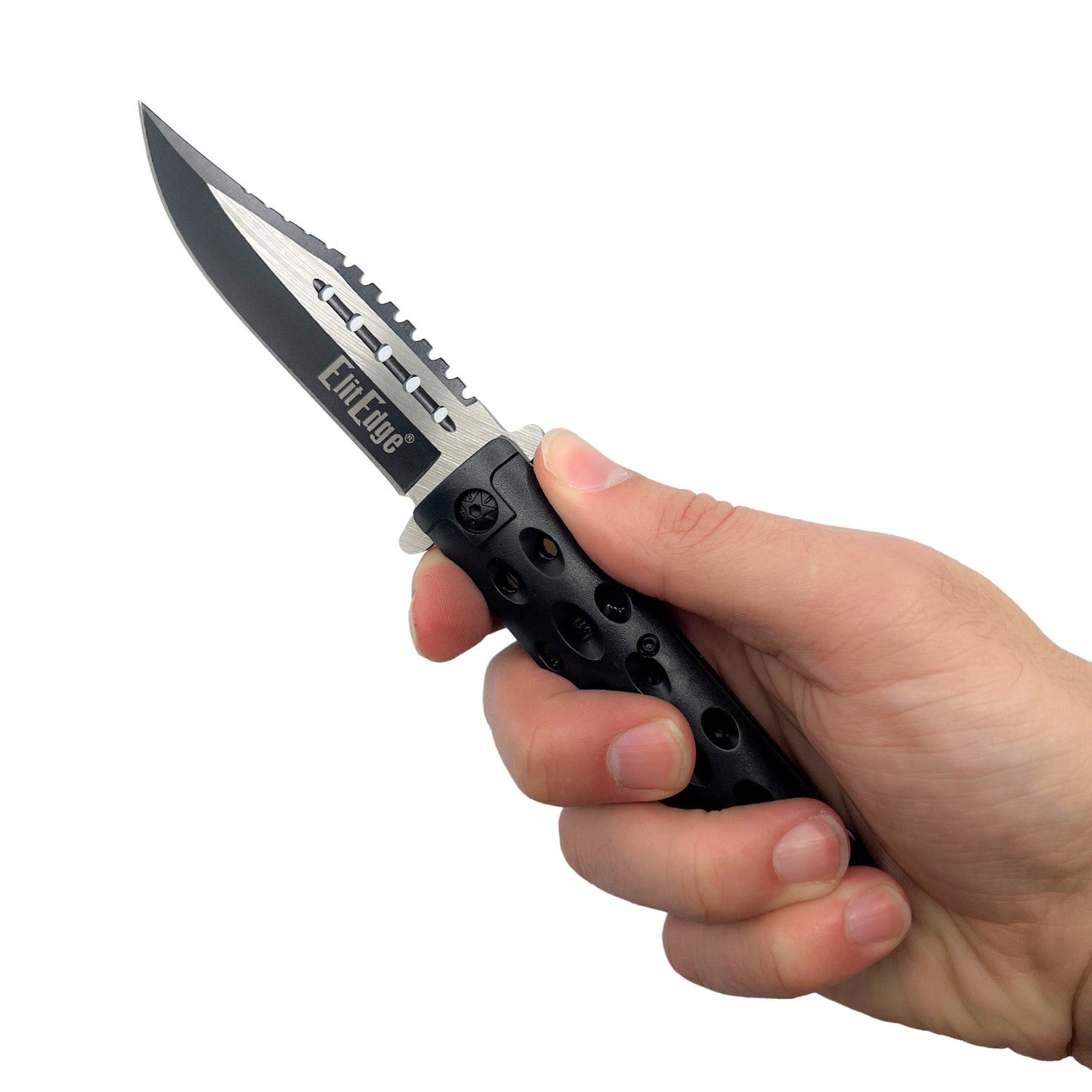 Someone holding ABS Spring Assisted Rescue Knife – compact folding knife featuring a 3.5" stainless steel blade, spring-assisted opening, durable ABS handle with built-in seatbelt cutter and glass breaker, and a pocket clip for secure carry, in white background.