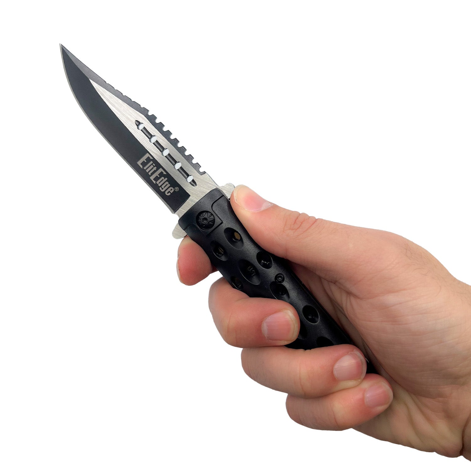 Someone holding ABS Spring Assisted Rescue Knife – compact folding knife featuring a 3.5" stainless steel blade, spring-assisted opening, durable ABS handle with built-in seatbelt cutter and glass breaker, and a pocket clip for secure carry, in white background.