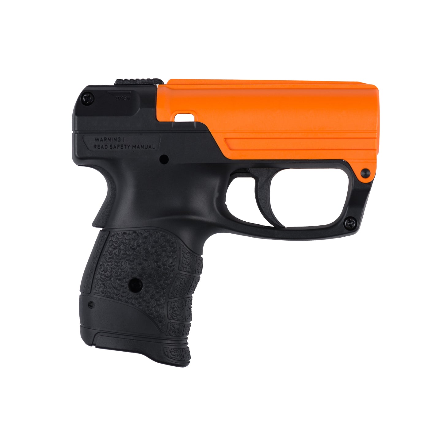 Aim and Fire Pepper Gel with Trigger and Grip Deployment – pistol-style pepper gel launcher featuring a 15-foot range, 13 bursts per cartridge, and a grip safety to prevent accidental discharge, in white background.