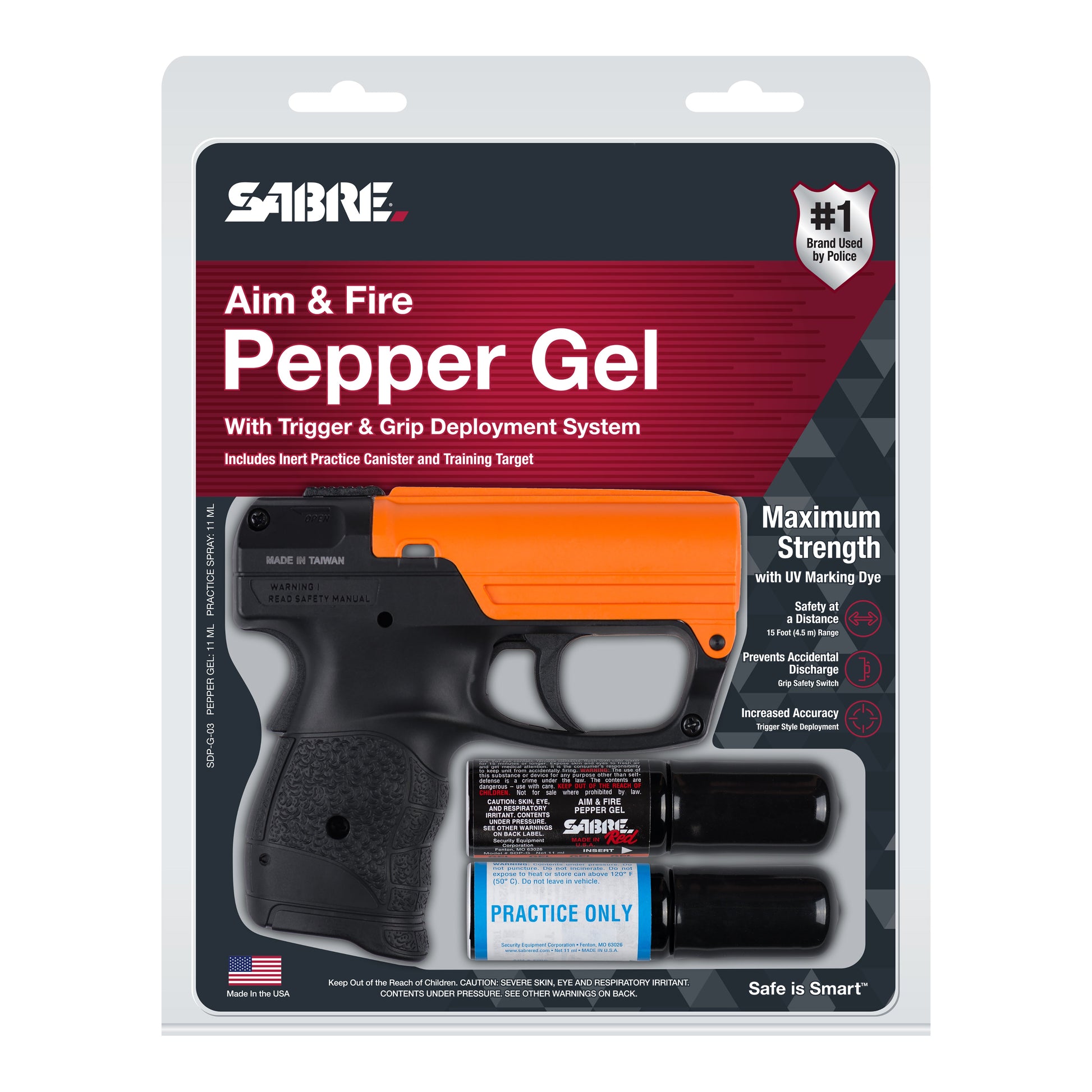 Package for Aim and Fire Pepper Gel with Trigger and Grip Deployment – pistol-style pepper gel launcher featuring a 15-foot range, 13 bursts per cartridge, and a grip safety to prevent accidental discharge, in white background.
