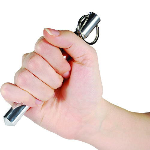 Close-up of someone holding a 5.5" aircraft grade aluminum kubotan keychain placed on a white background.
