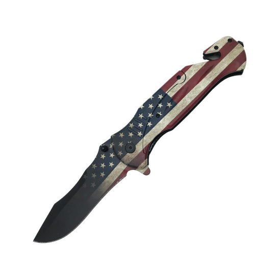 American Flag 10.5" Knife - large folding knife featuring an American flag design, combining bold style with everyday utility and self-defense capability, in white background.