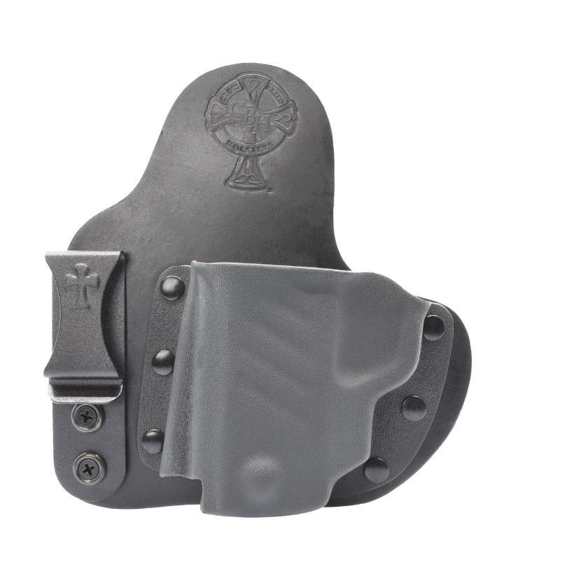 Appendix Carry Left-handed Holster - minimalist inside-the-waistband holster designed for comfortable and secure appendix carry for left-handed users, in white background.