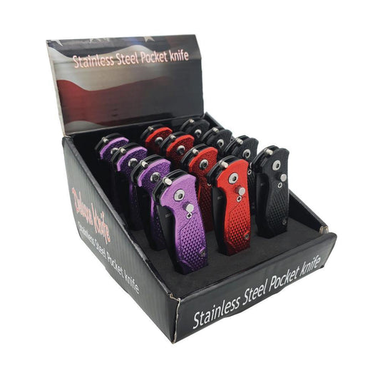 Assorted 12-Piece Stainless Steel Folding Knives neatly arranged in a display case on white background.