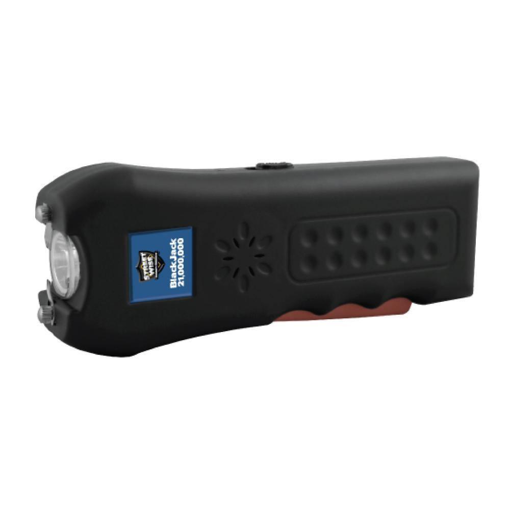 Black Jack 21,000,000 Stun Gun - powerful and compact self-defense tool with an ergonomic grip, designed for quick access and reliable stopping power, in white background.
