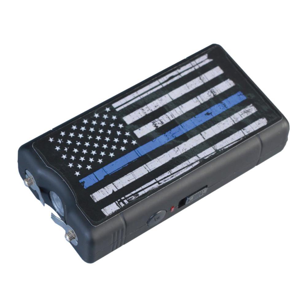Blue Line 9,000,000 Stun Gun - compact and reliable self-defense tool featuring a high-voltage charge and a design honoring law enforcement support, in white background.