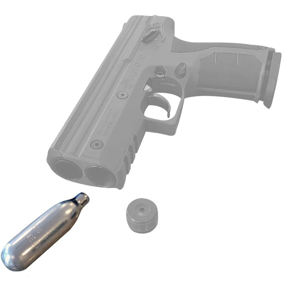 Byrna® 10‑Count Pack of 8 g CO₂ Cartridges plus Oiler Cartridge – includes nine standard 8 g CO₂ cylinders and one CO₂ cylinder pre-filled with oil for maintenance every 10 cartridges, compatible with Byrna CL/SD/EP/HD launchers; each cartridge delivers 15–20 shots, in white background.