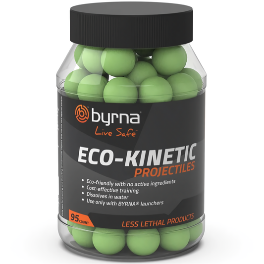 Bottle of Byrna® Eco‑Kinetic 0.68 Cal Projectiles – 95-count eco‑friendly training rounds featuring biodegradable, water-soluble VI (Visual Impact) Technology that generates a visible dispersion cloud upon impact; compatible with Byrna launchers and easy to clean up after outdoor use, in white background.