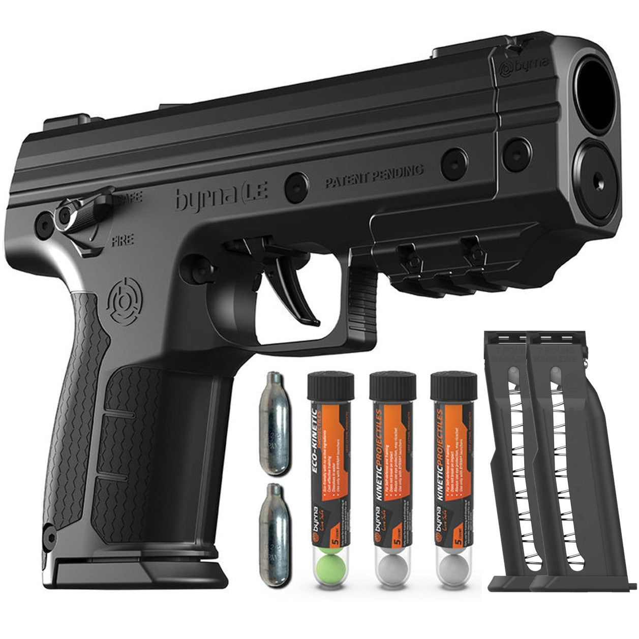 Byrna LE Kinetic Non‑Lethal CA‑Legal Projectile Gun Bundle – CO₂‑powered .68‑caliber launcher kit (legal in California) featuring patented Pull‑Pierce technology, white‑dot sights, honeycomb grip, Picatinny rail, ambidextrous safety, and up to 60 ft range. Includes two 5‑round magazines, two 12 g CO₂ cylinders, tubes of kinetic and eco‑kinetic projectiles, and a carrying case, in white background.