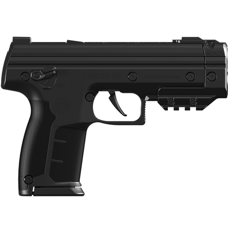 Byrna LE Kinetic Non‑Lethal CA‑Legal Projectile Gun Bundle – CO₂‑powered .68‑caliber launcher kit (legal in California) featuring patented Pull‑Pierce technology, white‑dot sights, honeycomb grip, Picatinny rail, ambidextrous safety, and up to 60 ft range. Includes two 5‑round magazines, two 12 g CO₂ cylinders, tubes of kinetic and eco‑kinetic projectiles, and a carrying case, in white background.