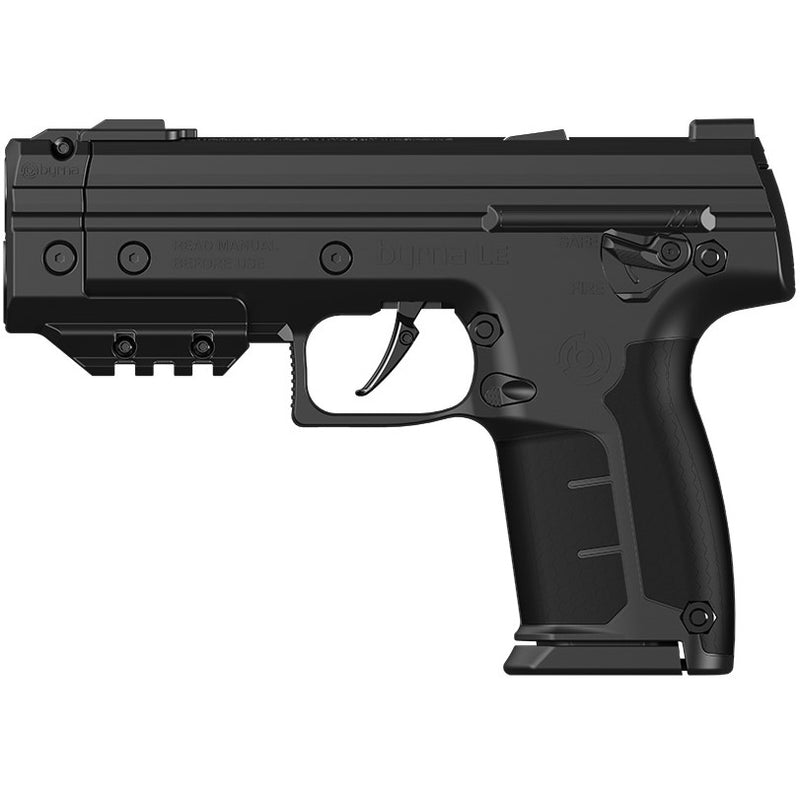 Byrna LE Kinetic Non‑Lethal CA‑Legal Projectile Gun Bundle – CO₂‑powered .68‑caliber launcher kit (legal in California) featuring patented Pull‑Pierce technology, white‑dot sights, honeycomb grip, Picatinny rail, ambidextrous safety, and up to 60 ft range. Includes two 5‑round magazines, two 12 g CO₂ cylinders, tubes of kinetic and eco‑kinetic projectiles, and a carrying case, in white background.