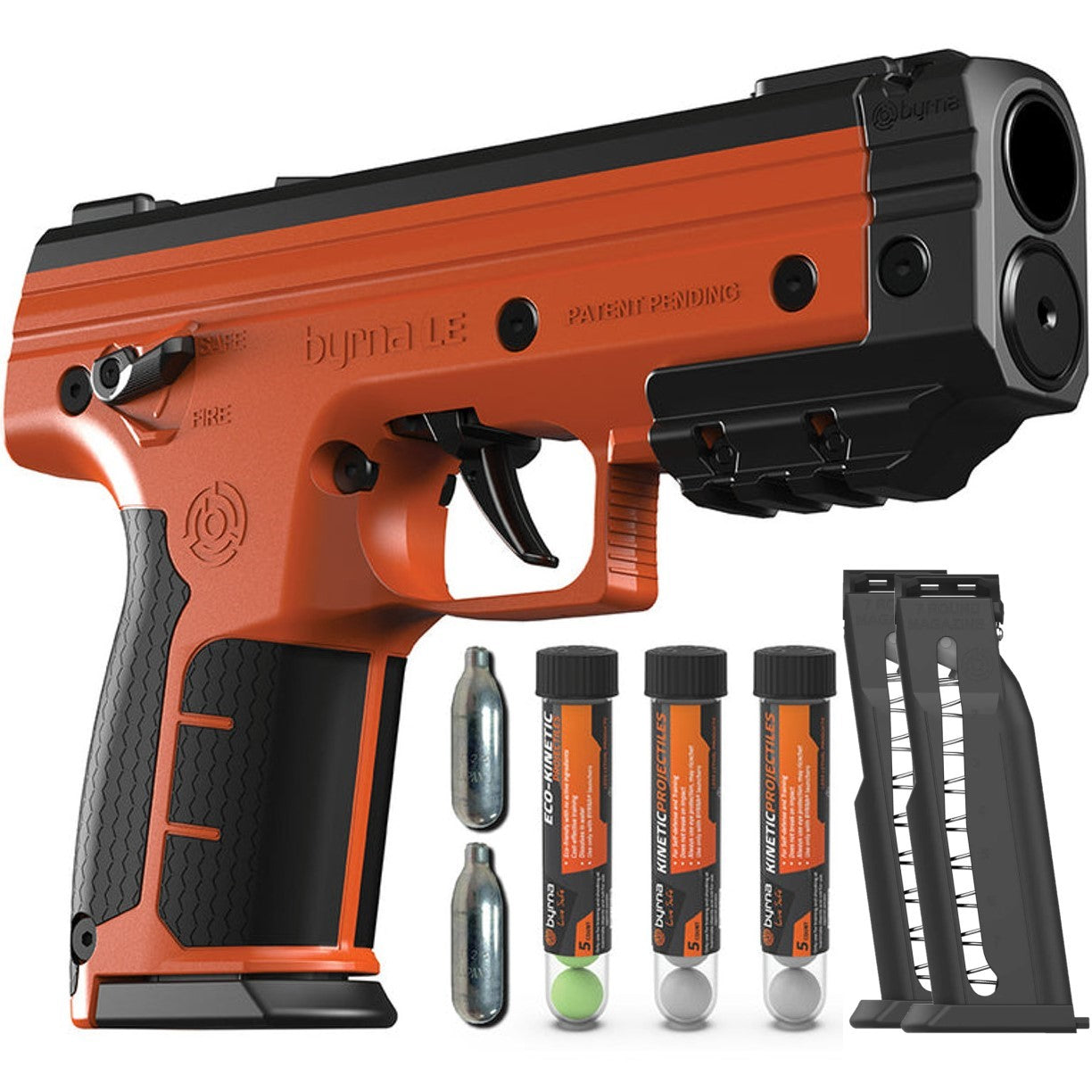 Byrna LE Kinetic Non‑Lethal CA‑Legal Projectile Gun Bundle – CO₂‑powered .68‑caliber launcher kit (legal in California) featuring patented Pull‑Pierce technology, white‑dot sights, honeycomb grip, Picatinny rail, ambidextrous safety, and up to 60 ft range. Includes two 5‑round magazines, two 12 g CO₂ cylinders, tubes of kinetic and eco‑kinetic projectiles, and a carrying case, in white background.