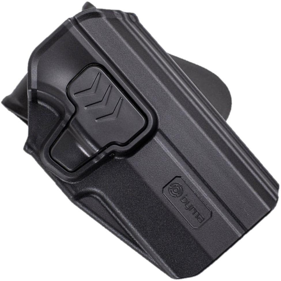 Byrna® Level II Molded Waistband Right-Handed Holster – universal hard-shell holster molded for all Byrna pistol-style launchers, featuring a trigger‑guard retention device, adjustable carry angle, standard paddle attachment, and rugged design built for tough environments, in white background.
