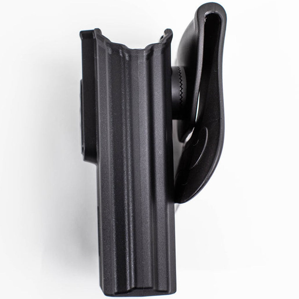 Byrna® Level II Molded Waistband Right-Handed Holster – universal hard-shell holster molded for all Byrna pistol-style launchers, featuring a trigger‑guard retention device, adjustable carry angle, standard paddle attachment, and rugged design built for tough environments, in white background.