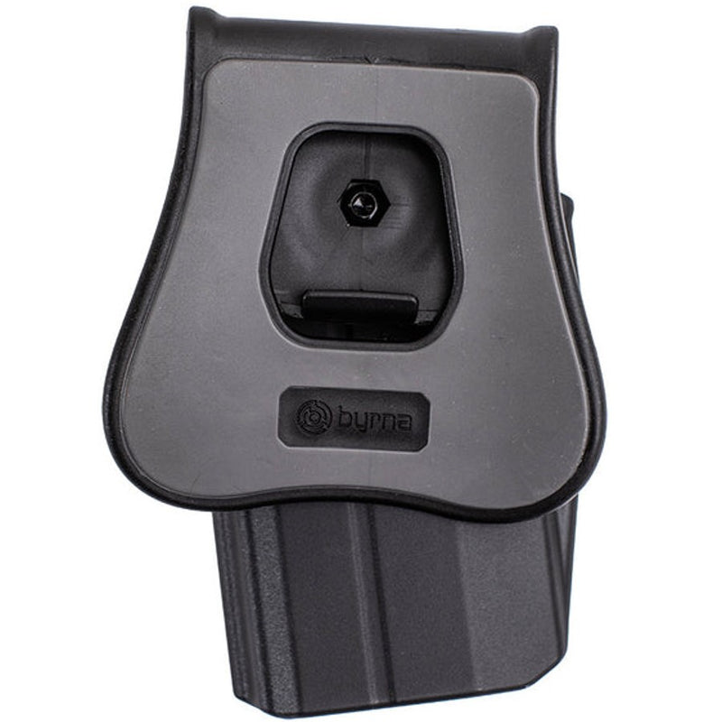 Byrna® Level II Molded Waistband Right-Handed Holster – universal hard-shell holster molded for all Byrna pistol-style launchers, featuring a trigger‑guard retention device, adjustable carry angle, standard paddle attachment, and rugged design built for tough environments, in white background.