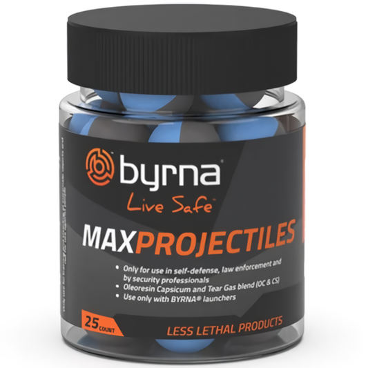 Bottle of Byrna® Max Pepper Projectiles – 25-pack of high-performance 0.68 cal less-lethal rounds containing Byrna's proprietary OC + CS blend for enhanced chemical dispersal and fast incapacitation on impact; compatible with all Byrna launchers (not CL), delivers a powerful irritant cloud, in white background.