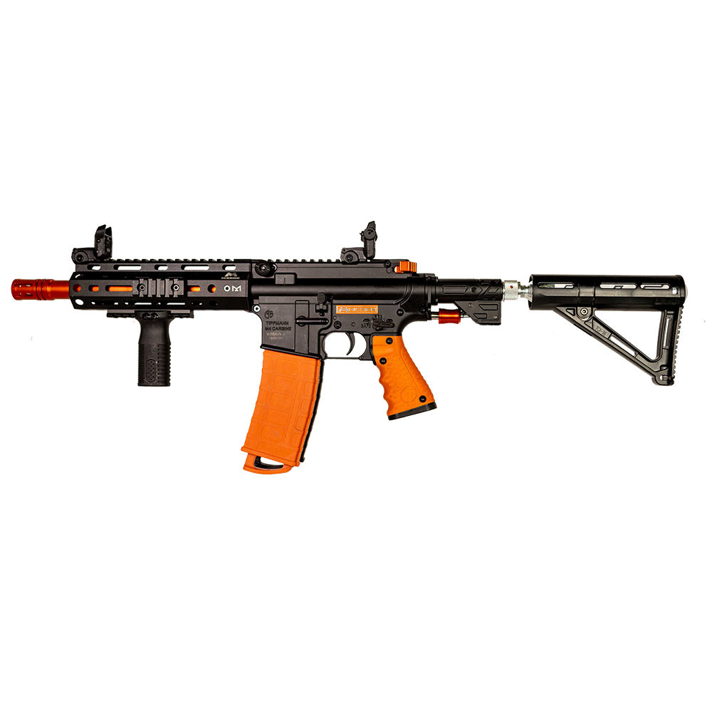 Byrna® Mission‑4 Less‑Lethal Launcher – CO₂‑powered .68 caliber shoulder-fired launcher with two 19‑round coupled magazines, up to 55 shots per 88 g CO₂ cylinder, muzzle velocity ~325 fps (max 365 fps), effective range up to 100 ft, durable magnesium receiver with AR‑15-style M-LOK rails, flip-up sights, vertical foregrip, and safe/fire selector switch, in white background.