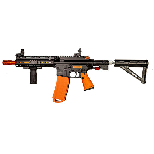 Byrna® Mission‑4 Less‑Lethal Launcher – CO₂‑powered .68 caliber shoulder-fired launcher with two 19‑round coupled magazines, up to 55 shots per 88 g CO₂ cylinder, muzzle velocity ~325 fps (max 365 fps), effective range up to 100 ft, durable magnesium receiver with AR‑15-style M-LOK rails, flip-up sights, vertical foregrip, and safe/fire selector switch, in white background.